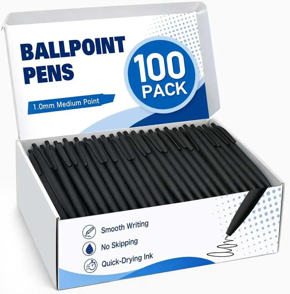 Ballpoint Pens Bulk 100 Count Black Retractable 1.0Mm Medium Point Quick-Drying